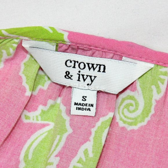 Crown & Ivy Small Seahorses Boho Poet's Blouse Tunic Top w Green Crochet Trim - Picture 8 of 9